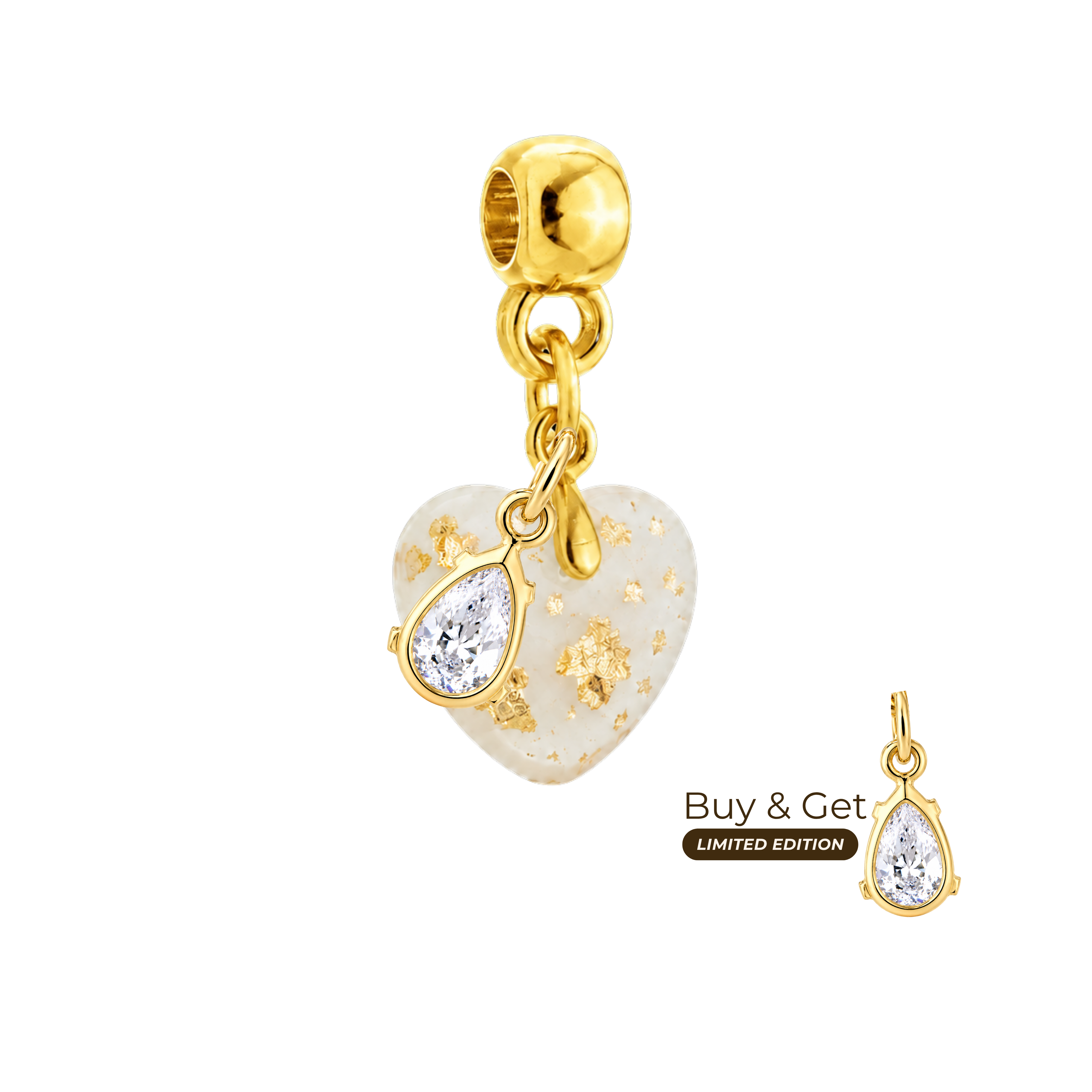 Mini Chubby Heart Charm with Gold Leaf and Zirconia Drop
